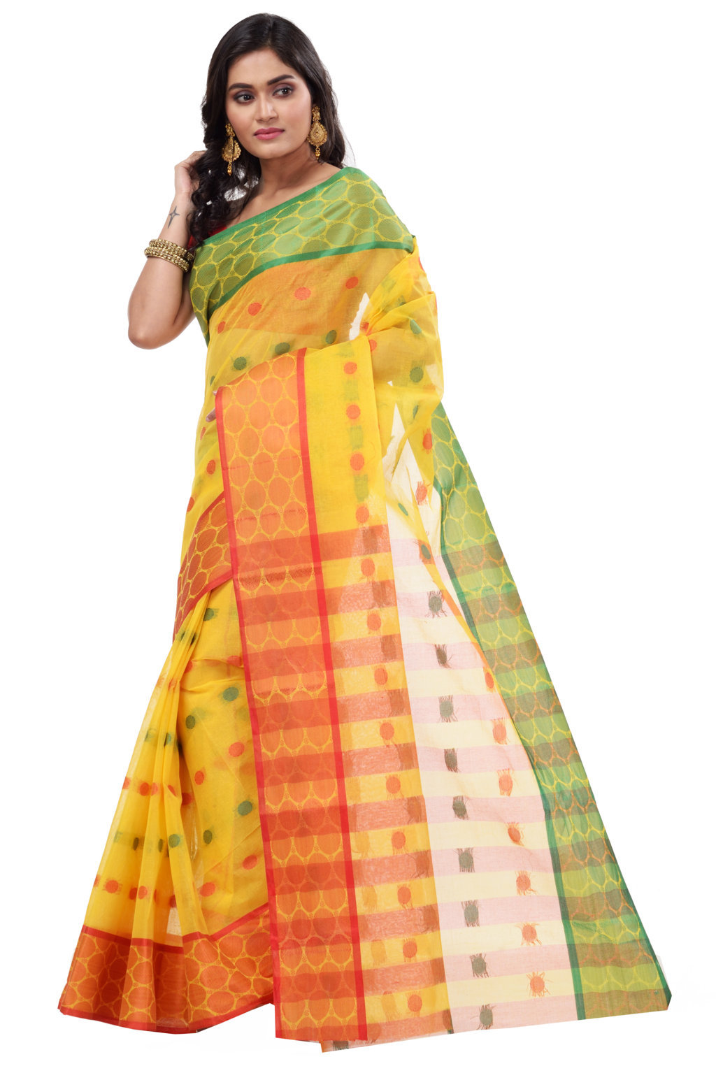 Yellow Pure Cotton Ganga Jamuna Tant Saree (366)